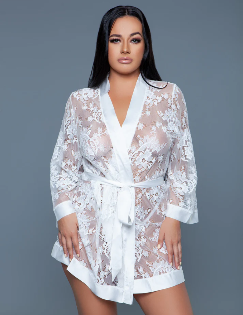 Be Wicked 2275 Delia White Robe Floral Lace Robe with Satin Trimming