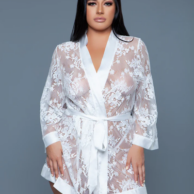 Be Wicked 2275 Delia White Robe Floral Lace Robe with Satin Trimming