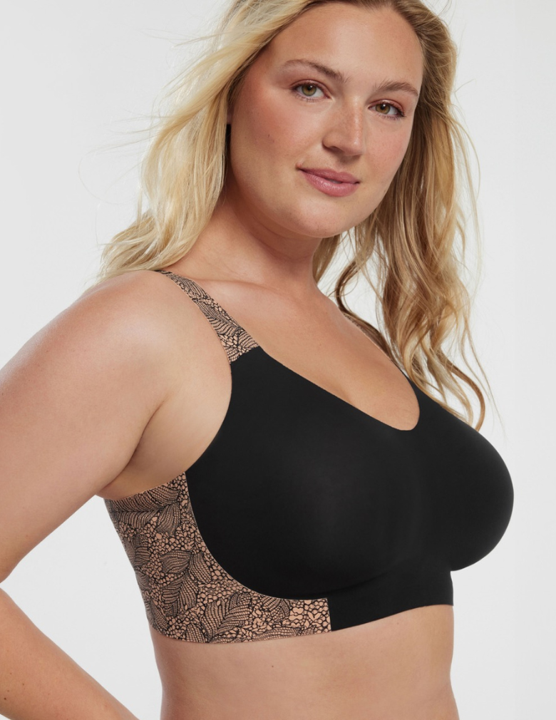 Evelyn & Bobbie Beyond Bra black with lace print side back and straps 3/4 view