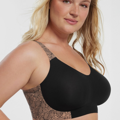 Evelyn & Bobbie Beyond Bra black with lace print side back and straps 3/4 view