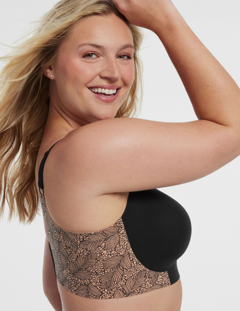 Evelyn & Bobbie Beyond Bra black with lace print side back and straps side view arm up