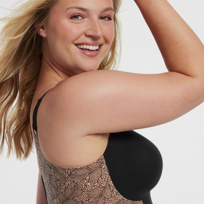 Evelyn & Bobbie Beyond Bra black with lace print side back and straps side view arm up