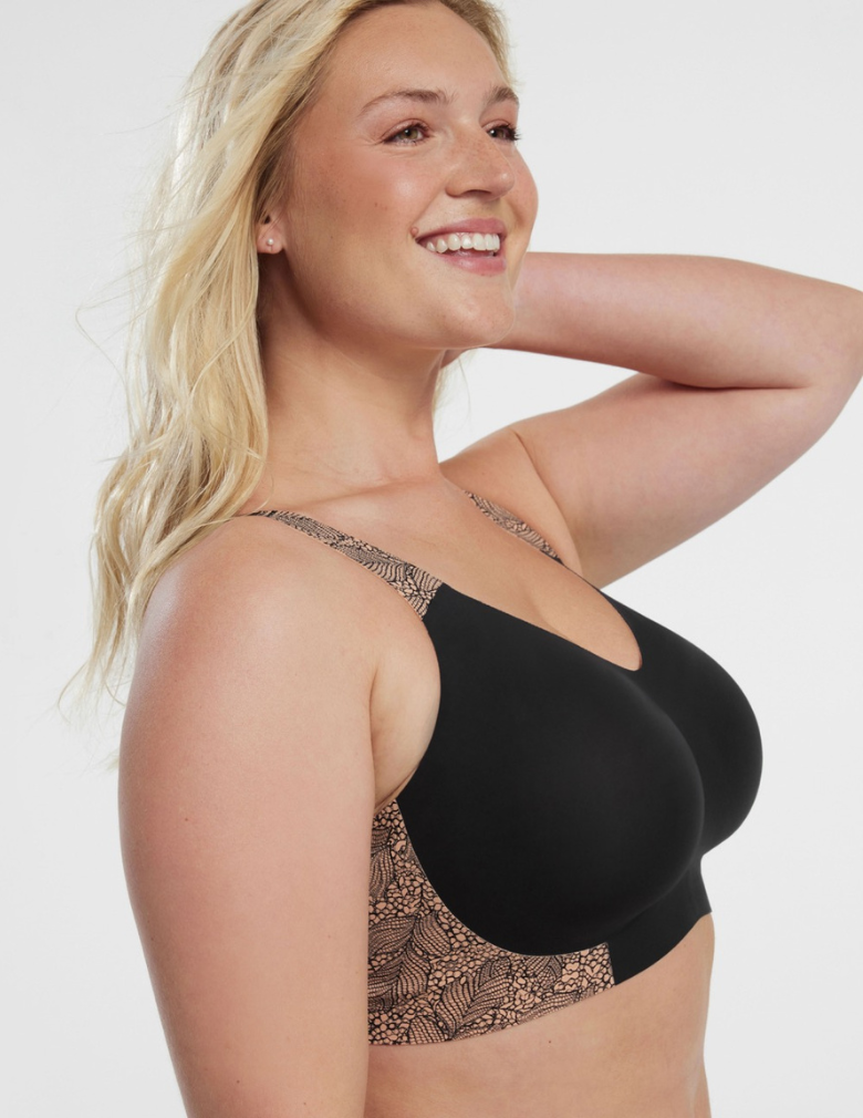 Evelyn & Bobbie Beyond Bra black with lace print side back and straps side view