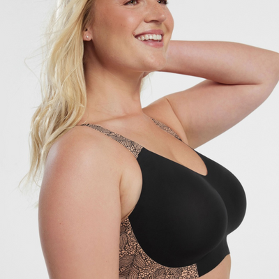 Evelyn & Bobbie Beyond Bra black with lace print side back and straps side view