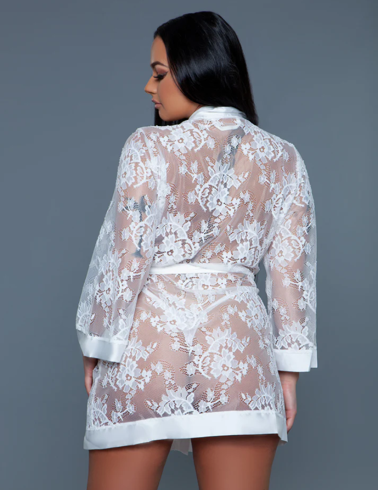 Be Wicked 2275 Delia White Robe Floral Lace Robe with Satin Trimming