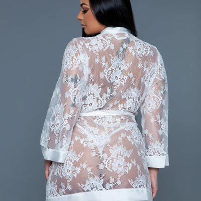 Be Wicked 2275 Delia White Robe Floral Lace Robe with Satin Trimming