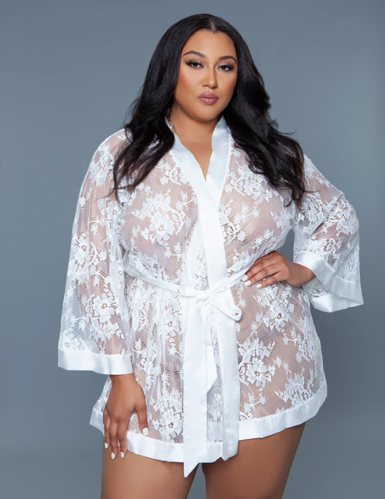 Be Wicked 2275 Delia White Robe Floral Lace Robe with Satin Trimming