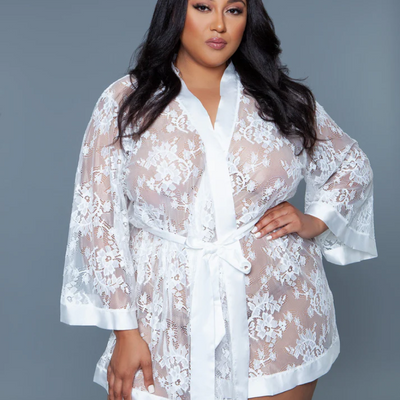 Be Wicked 2275 Delia White Robe Floral Lace Robe with Satin Trimming