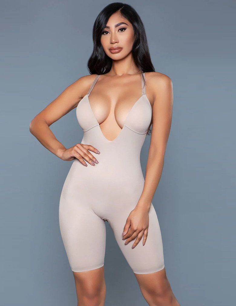 Plunging neckline bodyshaper with adjustable straps and open crotch front view