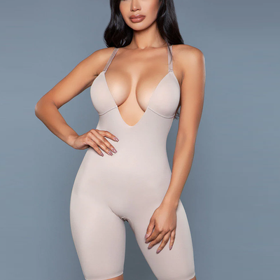 Plunging neckline bodyshaper with adjustable straps and open crotch front view