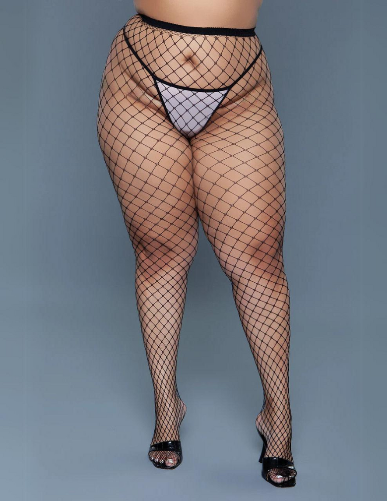 Be Wicked 2303 Can't Back Down Large fishnet Pantyhose Black front view plus size