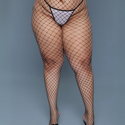 Be Wicked 2303 Can't Back Down Large fishnet Pantyhose Black front view plus size