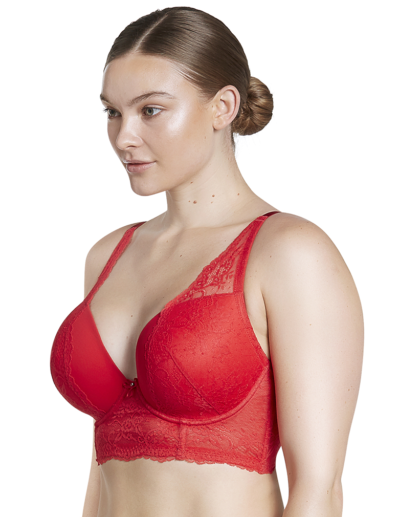 Buy Padded Underwired Full Cup Longline Bralette in Red - Lace